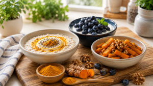 Healthy breakfast with blueberries, carrots, turmeric, walnuts, and oatmeal for brain health