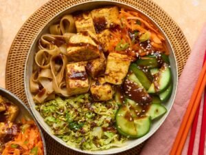 Three diabetes-friendly noodle options: tofu, buckwheat, and shirataki noodles