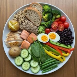Balanced heart-healthy plate with vegetables and protein