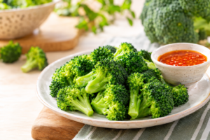 Steamed broccoli with spicy dipping sauce