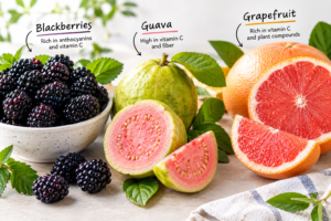 Three antioxidant-rich fruits: blackberries, guava, and grapefruit