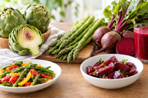 Artichokes, asparagus, and beets for a balanced meal