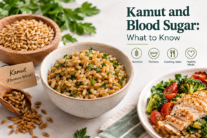 Kamut (Khorasan wheat) grains in a bowl with vegetables and chicken