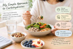 Healthy carbohydrate choices with whole grains, vegetables, protein, nuts, and water