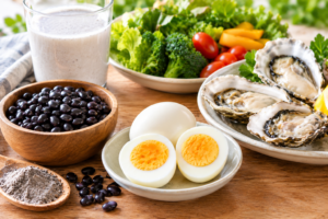Black beans, boiled eggs and oysters on a healthy meal