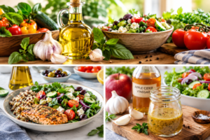 Garlic, olive oil and fresh vegetables on a healthy meal